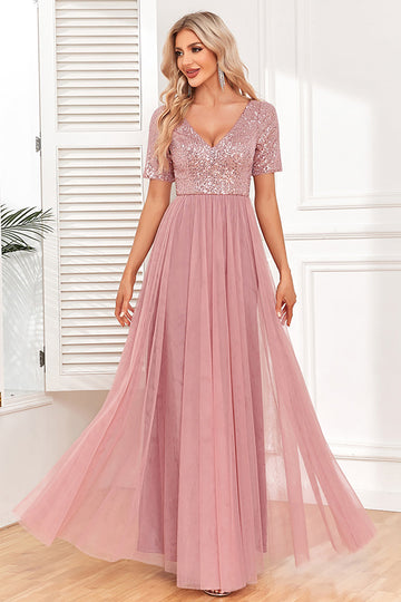 Dusty Rose A-Line V Neck Tulle Ball Dress with Short Sleeves